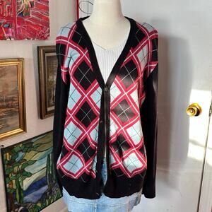 nick danger argyle red black and blue button up cardigan